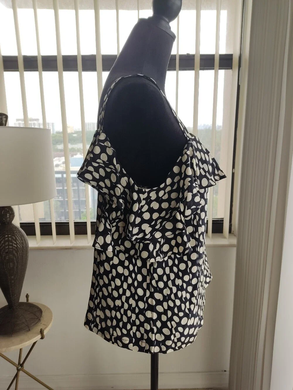 J. Crew Black & Ivory Ratti Print Polka Dot Cold-Shoulder Camisole Size 6